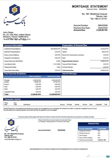 Download Iran Sina Bank mortgage statement Word and PDF template Photoshop template